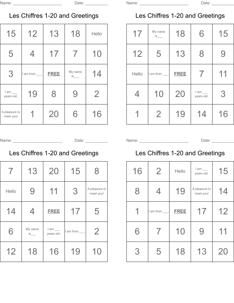 Les Chiffres 1-20  and Greetings Bingo Cards