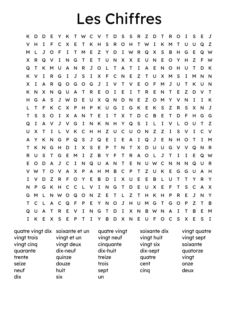 Les Chiffres Word Search