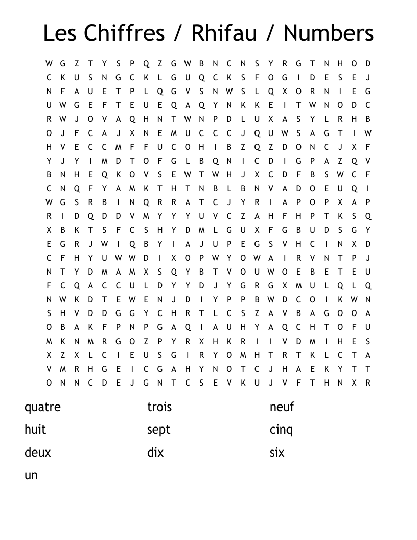 Les Chiffres / Rhifau / Numbers Word Search