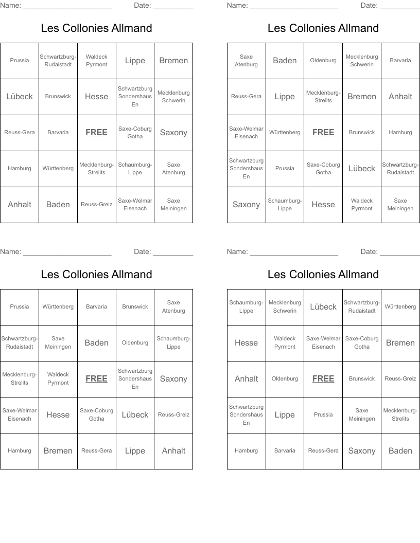 Les Collonies Allmand Bingo Cards