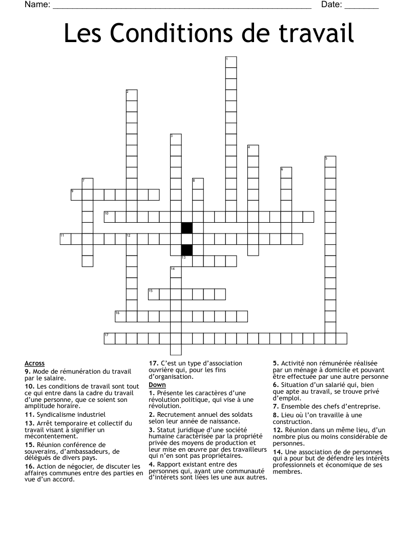 Les Conditions de travail Crossword