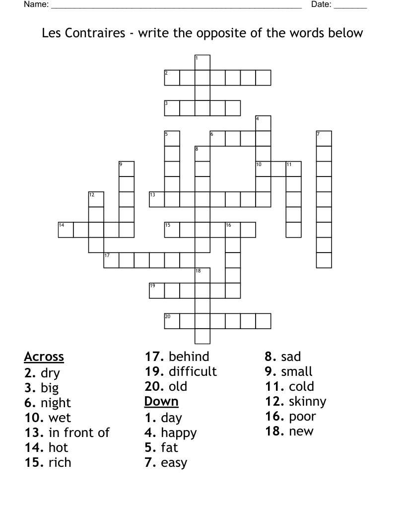 Les Contraires - write the opposite of the words below Crossword
