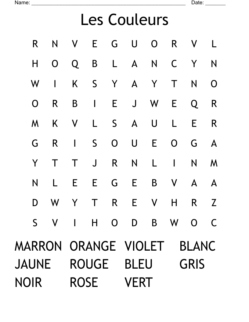 Les Couleurs Word Search