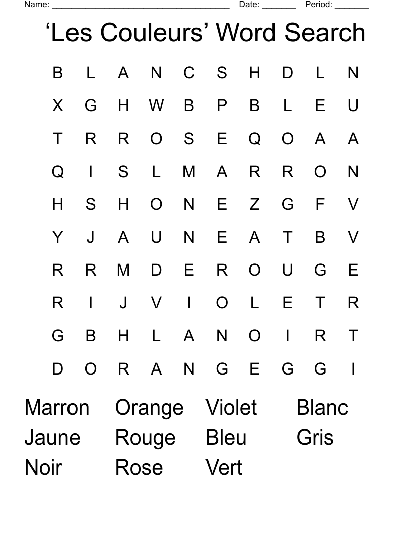 ‘Les Couleurs’ Word Search
