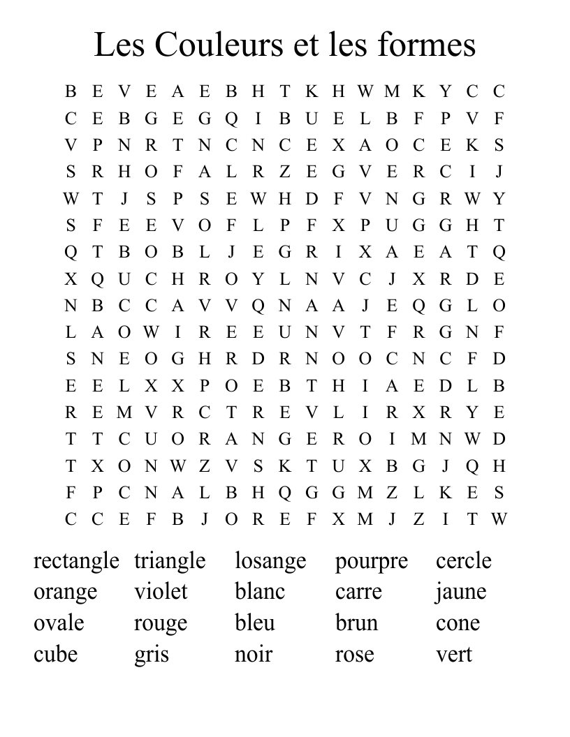 Les Couleurs et les formes  Word Search