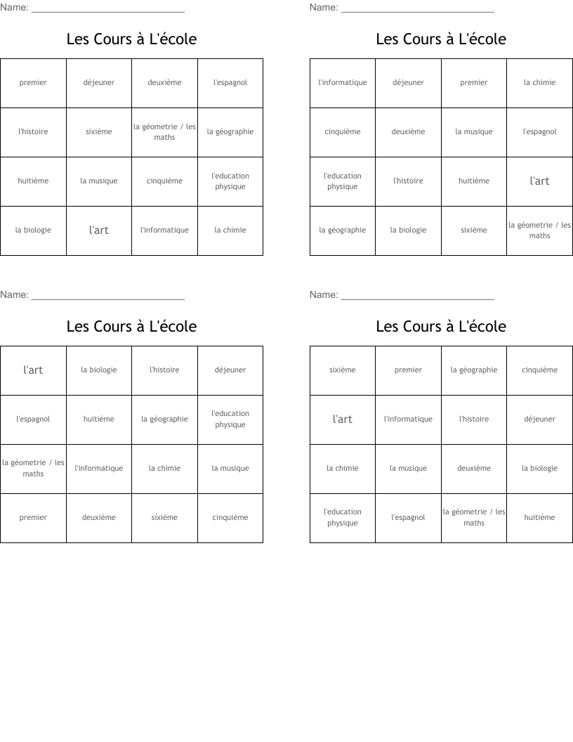 Les Cours à L'école Bingo Cards