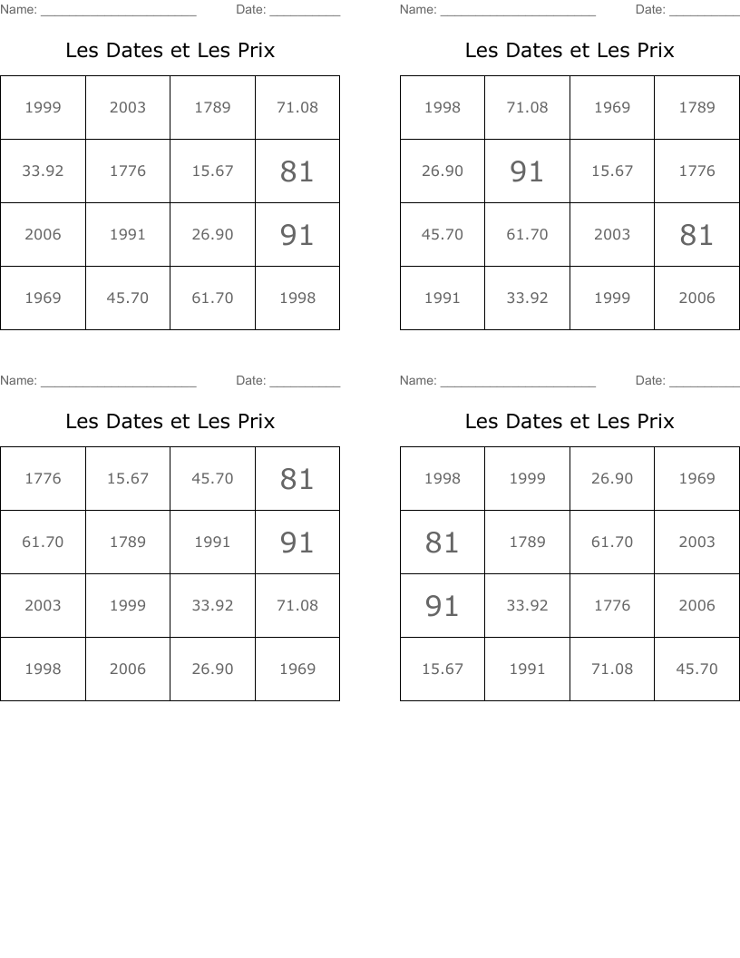 Les Dates et Les Prix Bingo Cards