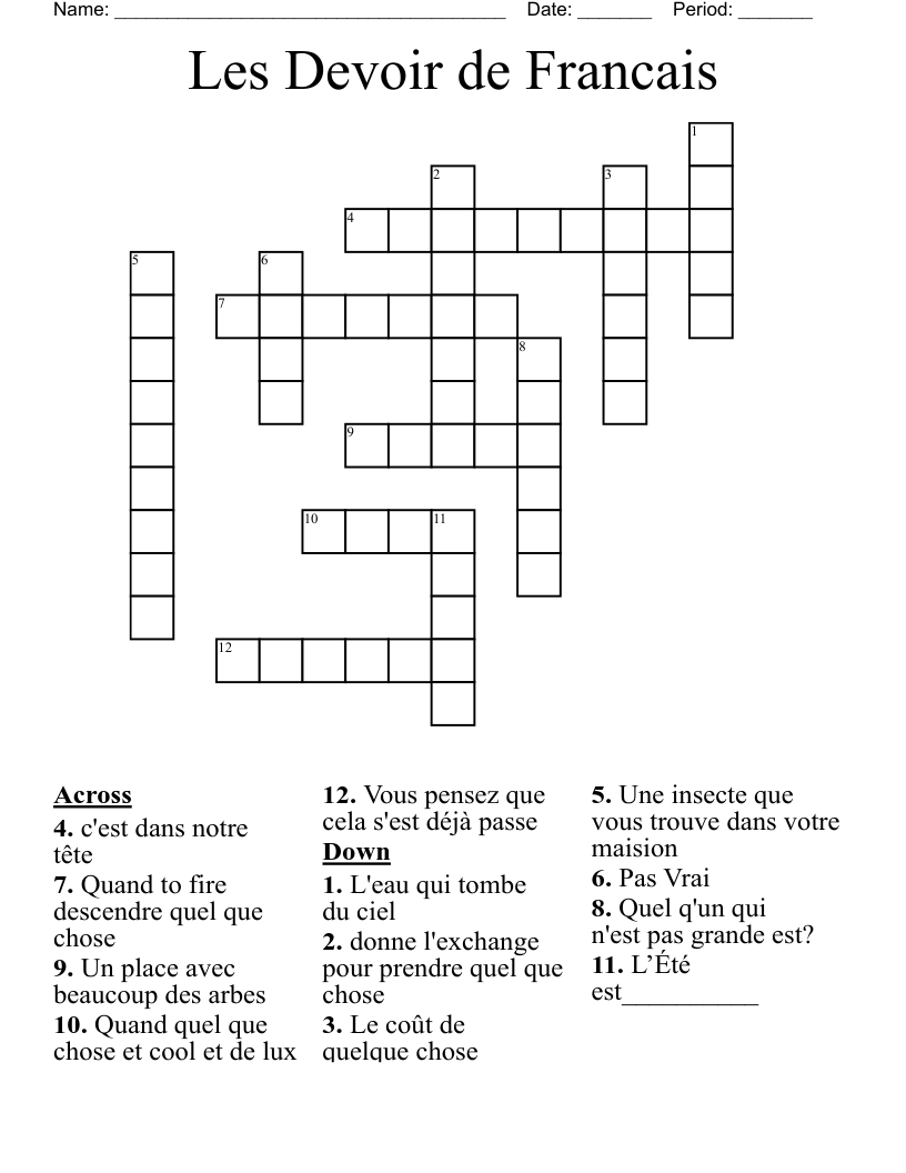 Les Devoir de Francais Crossword