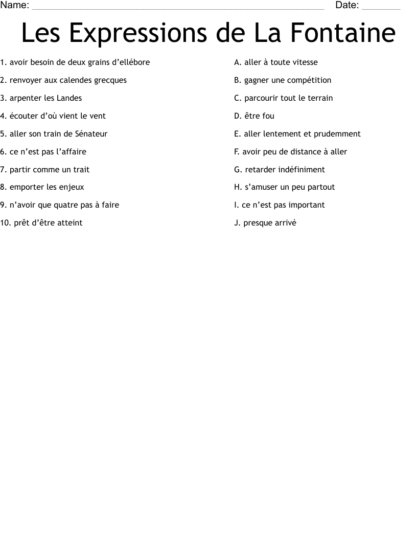 Les Expressions de La Fontaine Worksheet