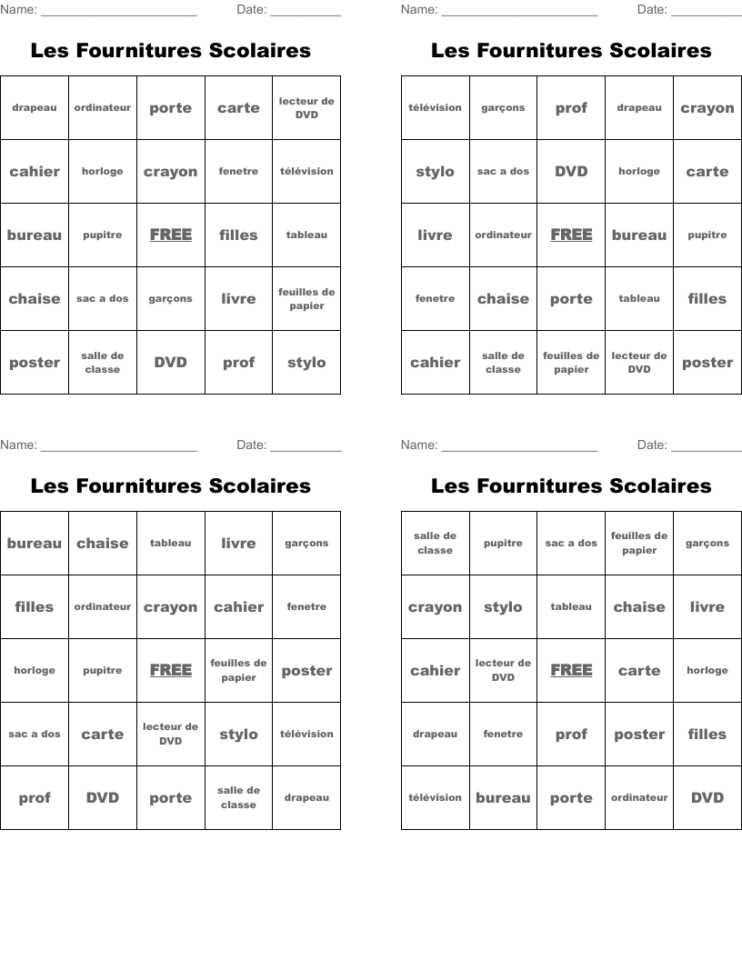 Les Fournitures Scolaires Bingo Cards