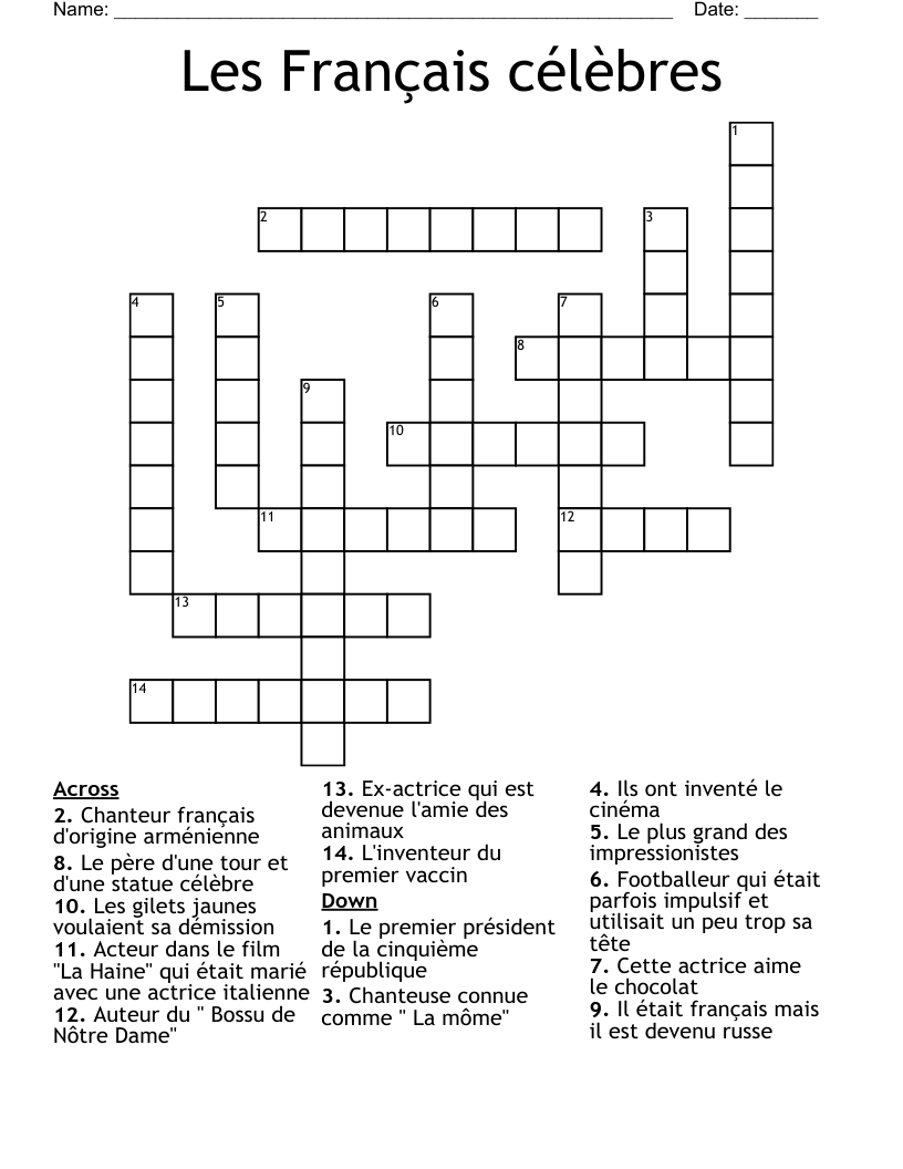 Les Français célèbres Crossword