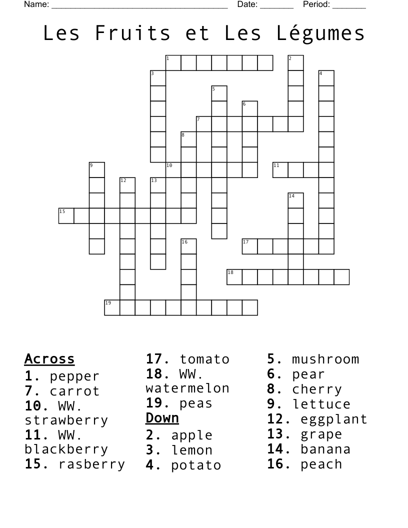 Les Fruits et Les Légumes Crossword