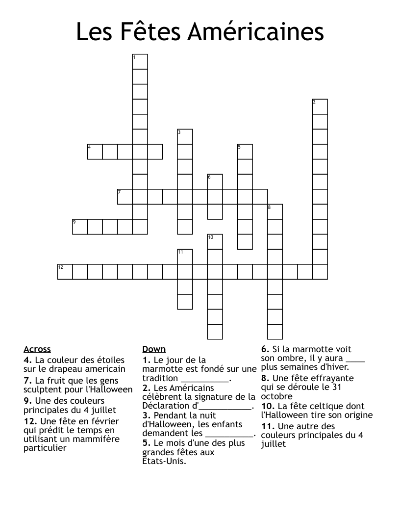 Les Fêtes Américaines Crossword