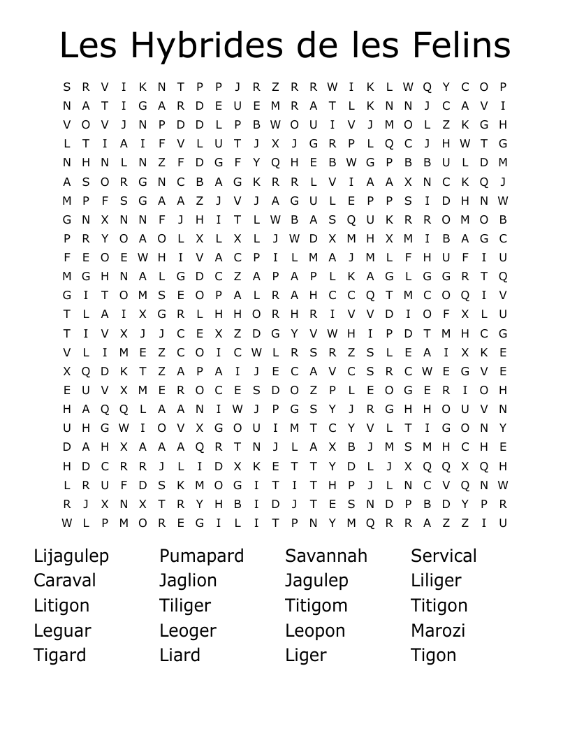 Les Hybrides de les Felins Word Search