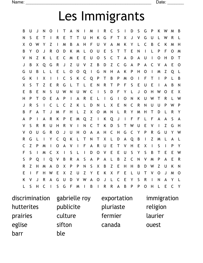 Les Immigrants Word Search