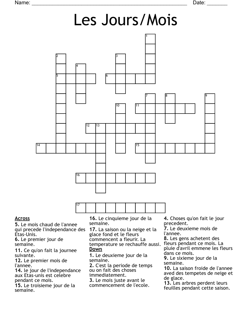 Les Jours/Mois Crossword