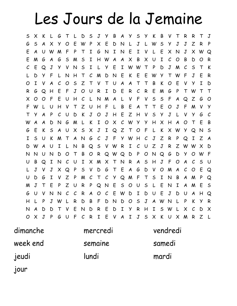 Les Jours de la Jemaine Word Search