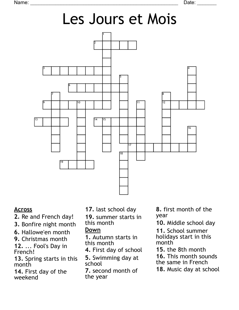 Les Jours et Mois Crossword