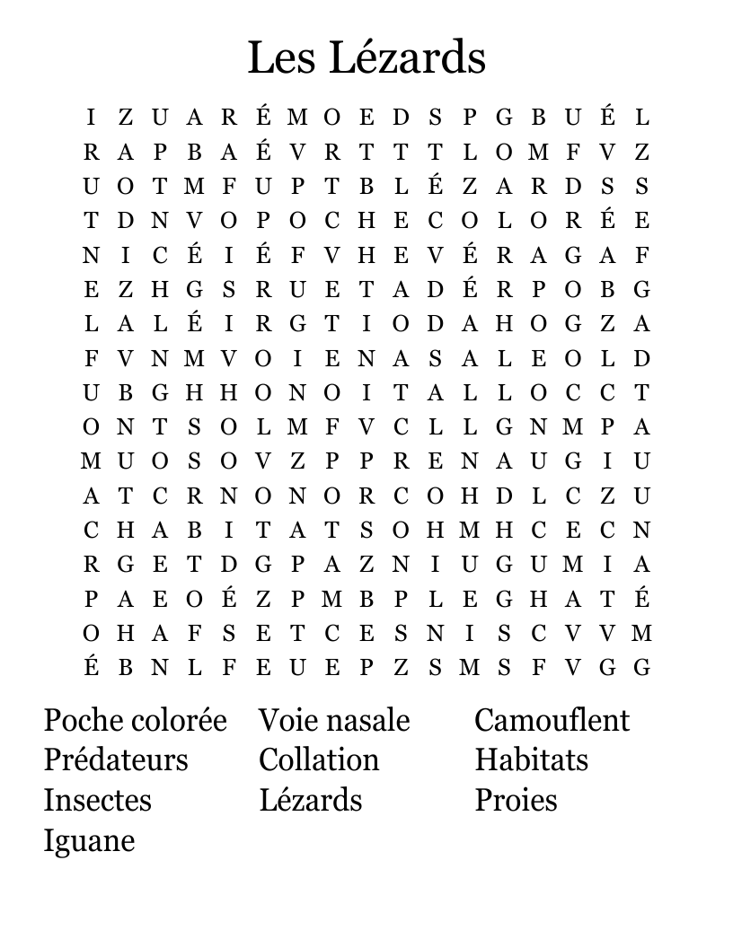 Les Lézards Word Search