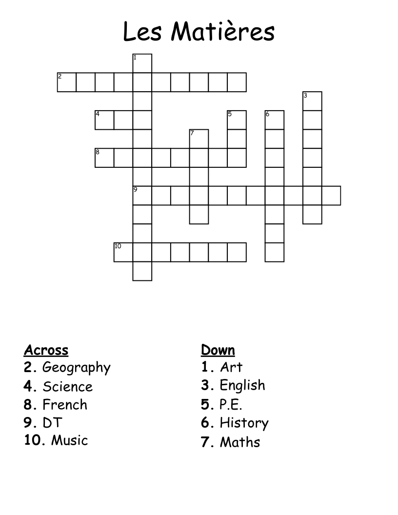 Les Matières Crossword