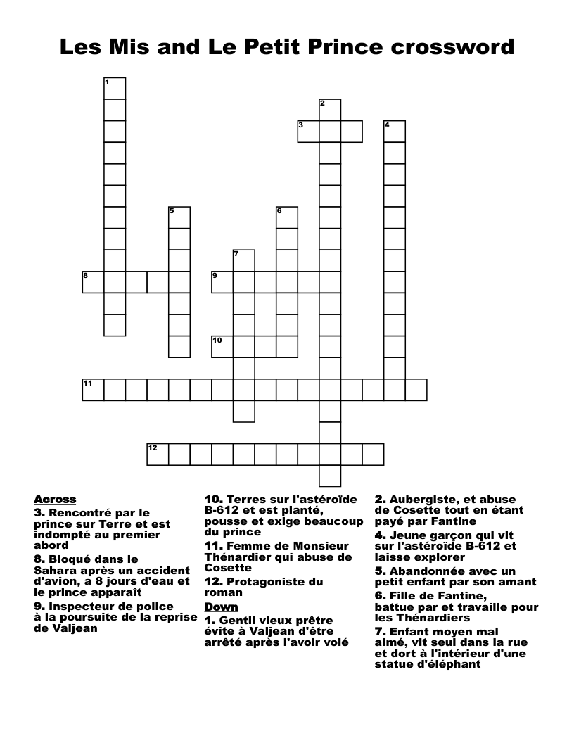 Les Mis and Le Petit Prince crossword