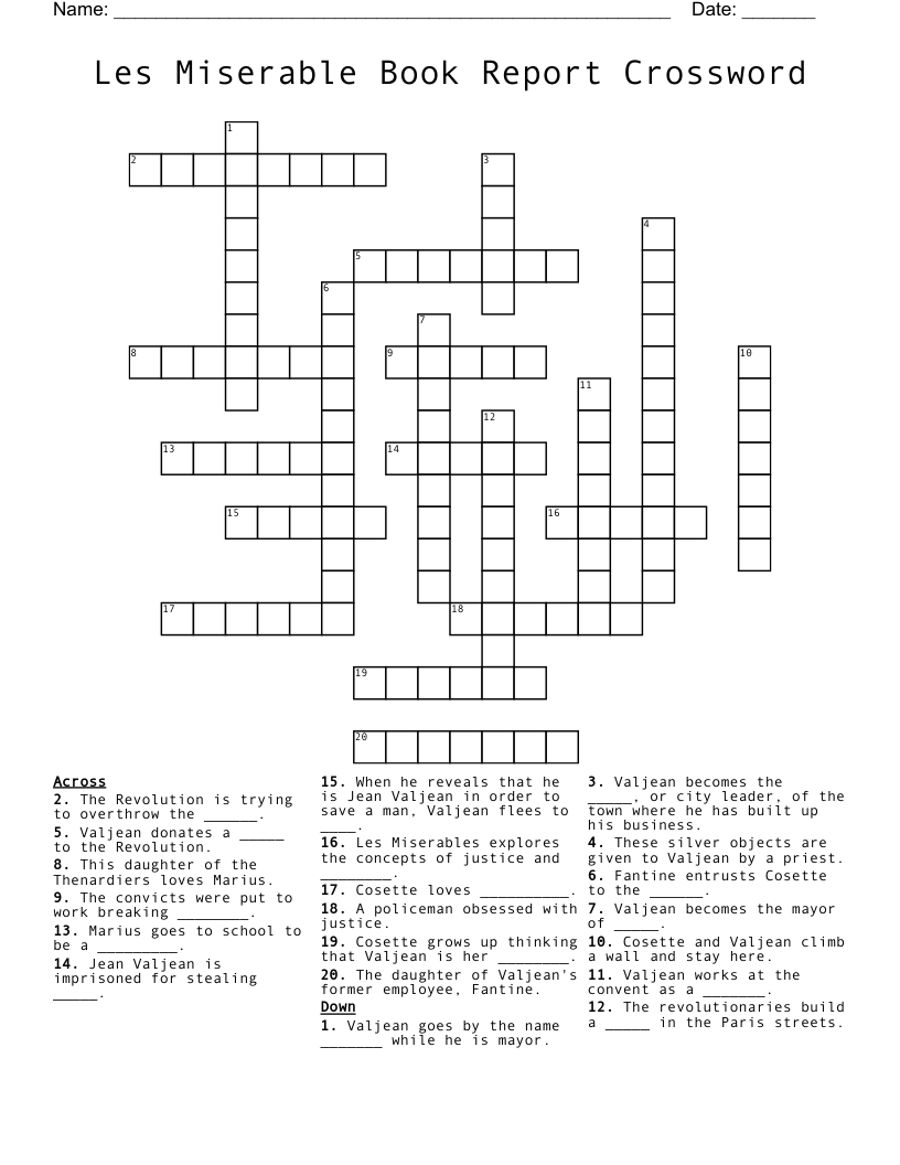Les Miserable Book Report Crossword