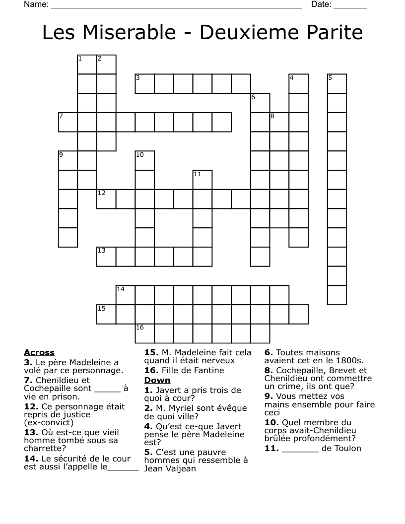 Les Miserable - Deuxieme Parite Crossword