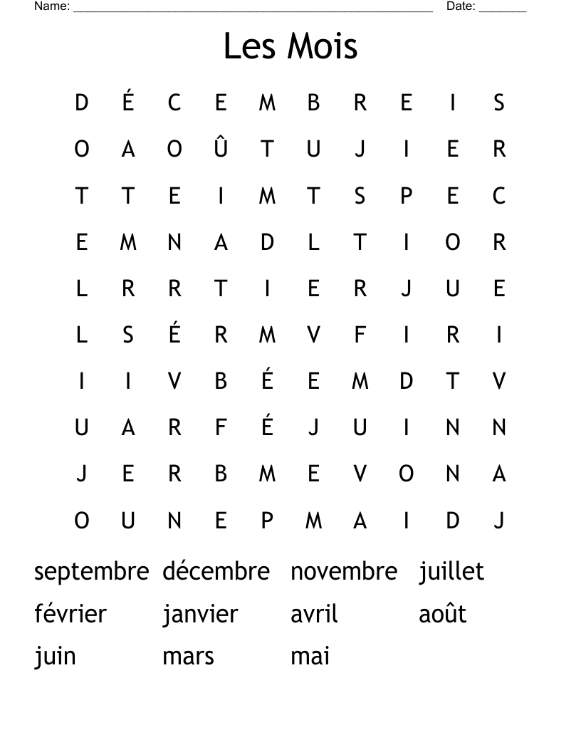 Les Mois Word Search