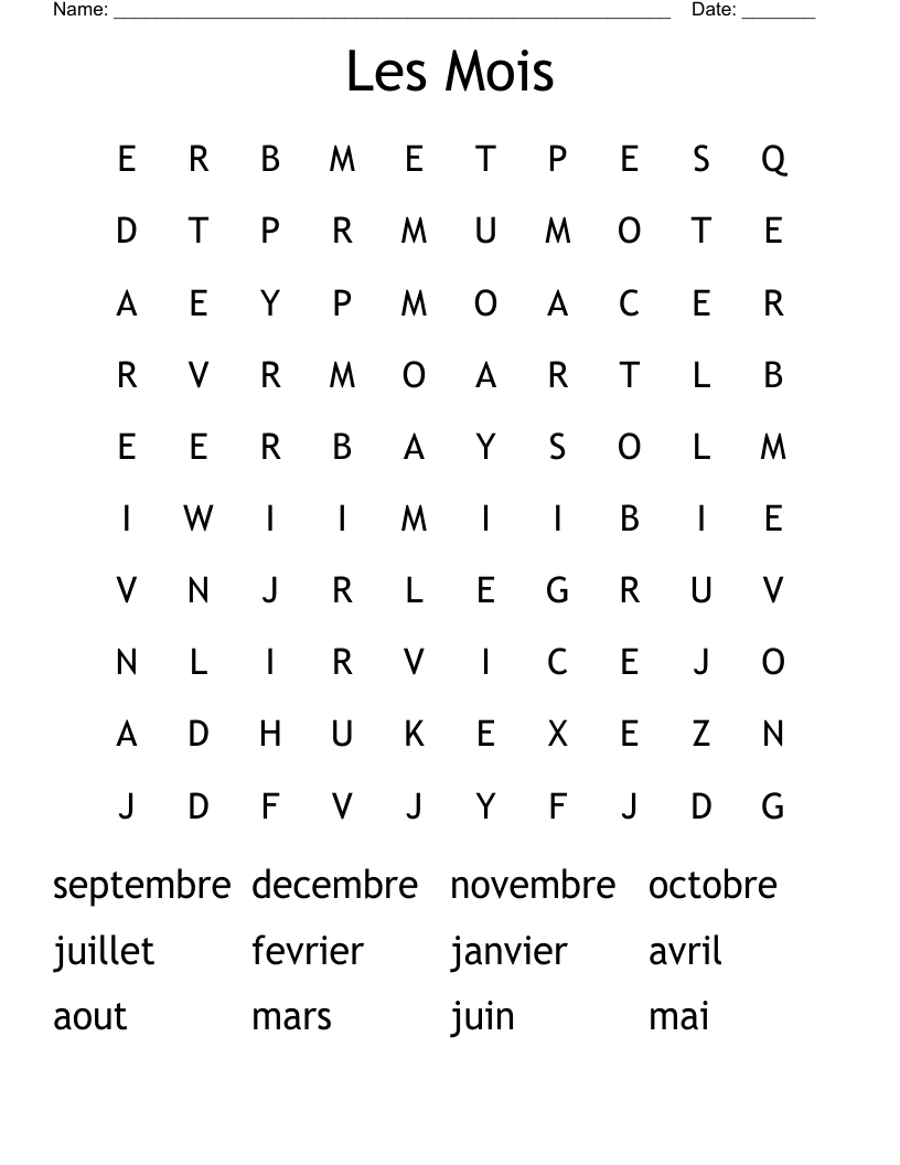 Les Mois Word Search