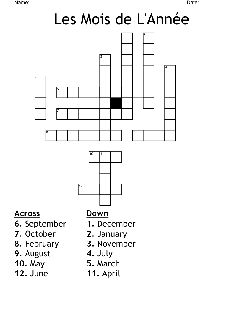 Les Mois de L'Année Crossword