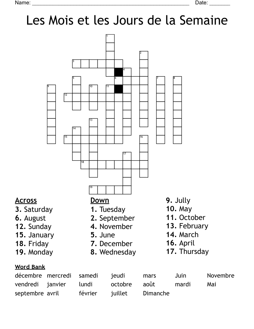 Les Mois et les Jours de la Semaine Crossword