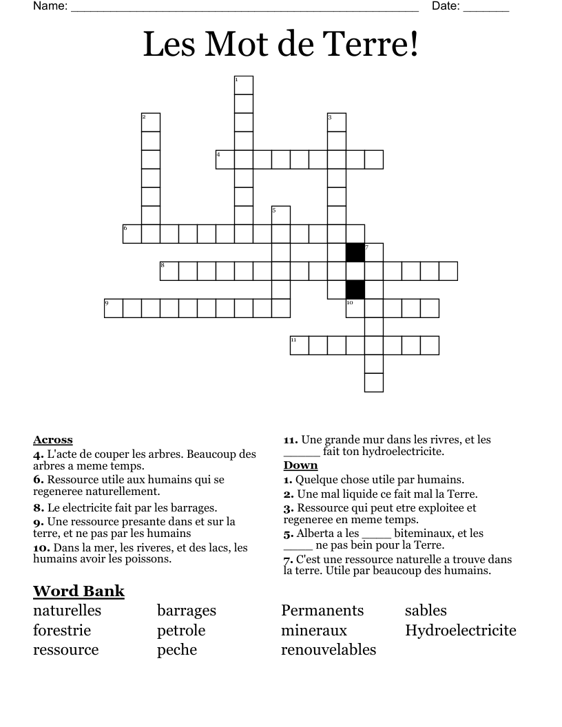 Les Mot de Terre! Crossword