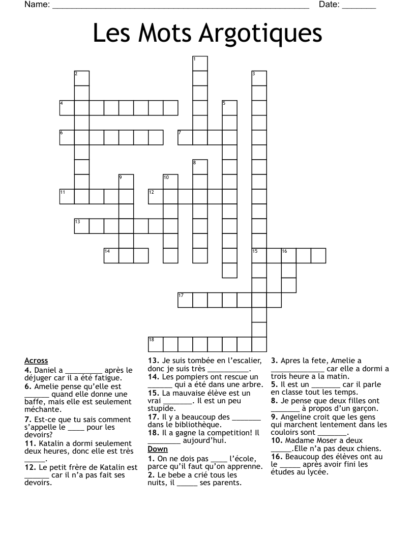 Les Mots Argotiques  Crossword