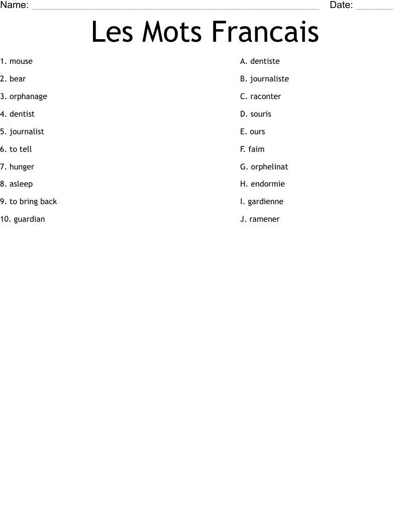 Les Mots Francais Worksheet