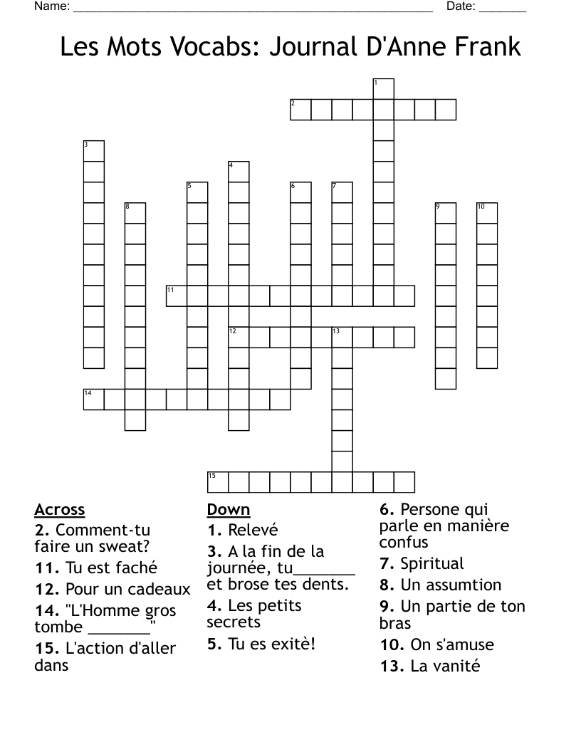 Les Mots Vocabs: Journal D'Anne Frank Crossword