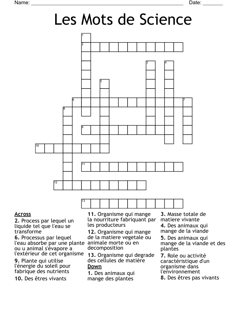 Les Mots de Science Crossword