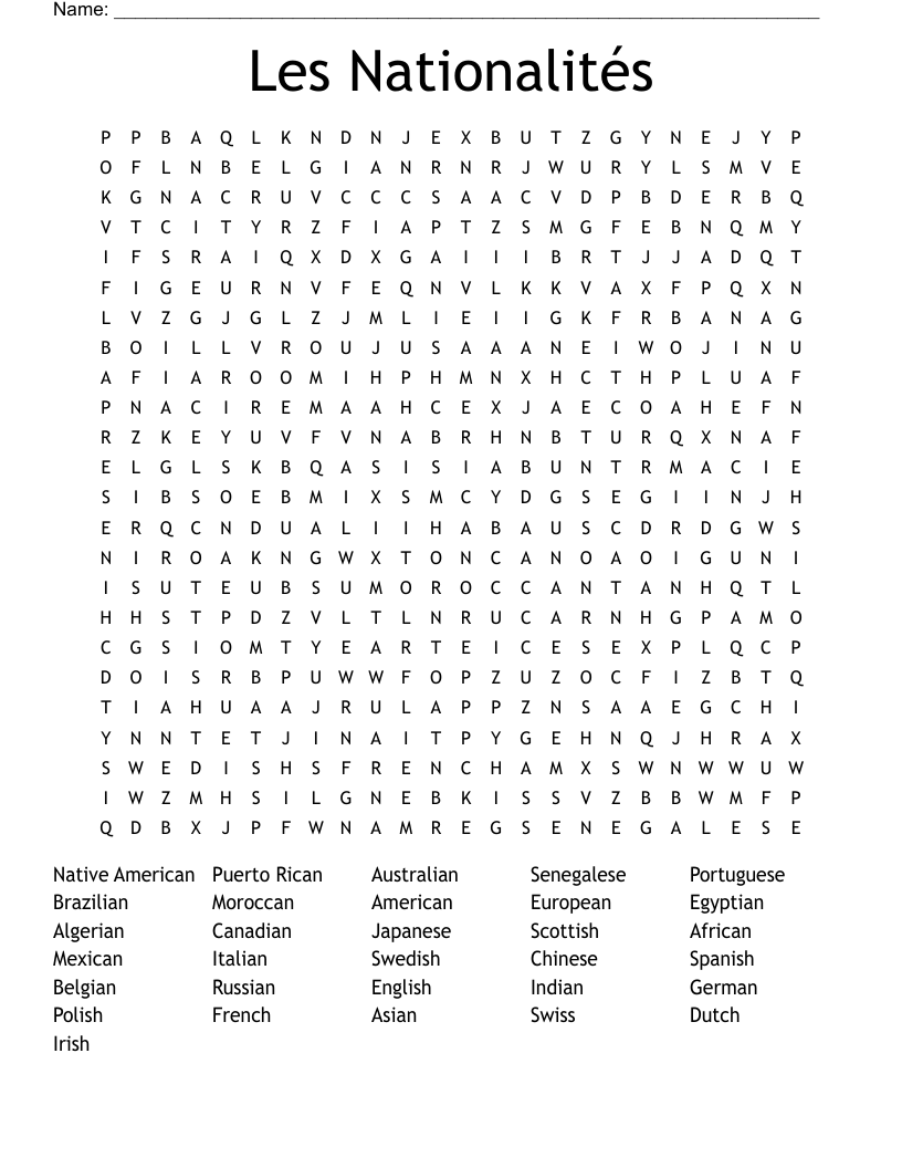 Les Nationalités Word Search