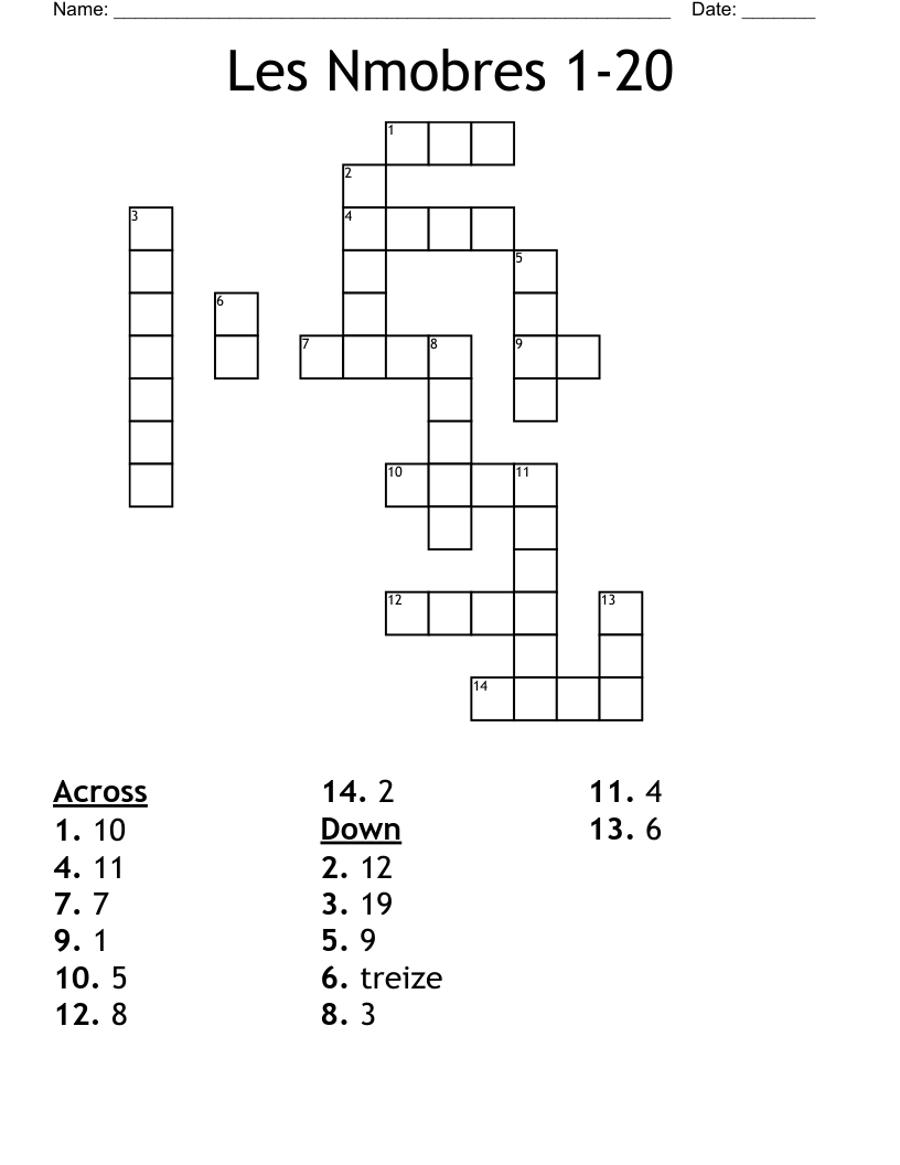 Les Nmobres 1-20 Crossword