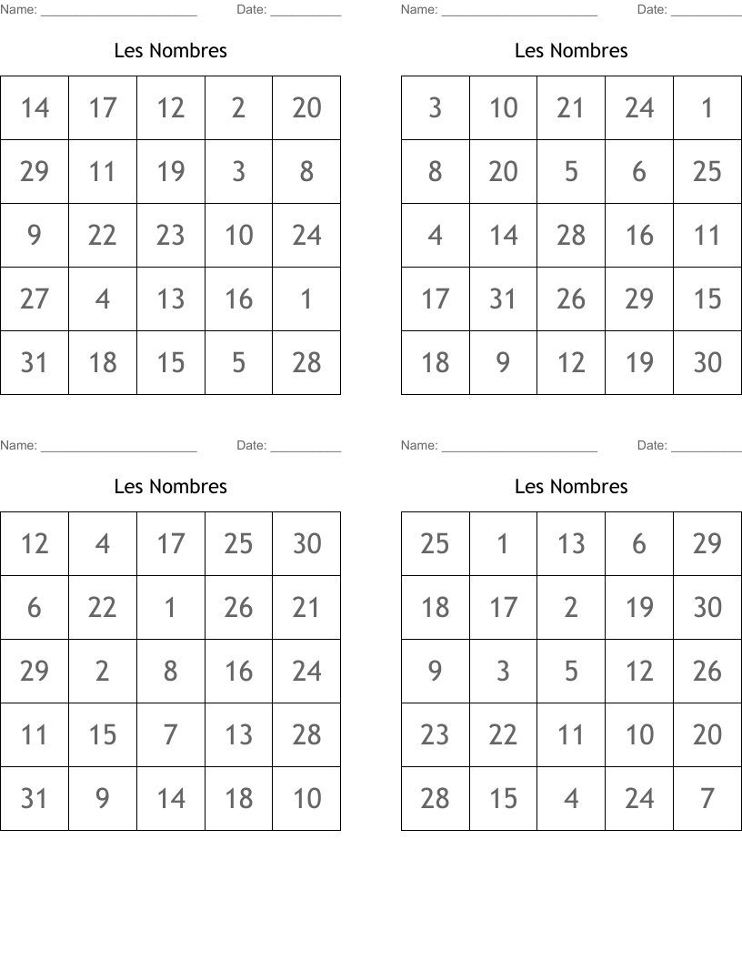 Les Nombres Bingo Cards