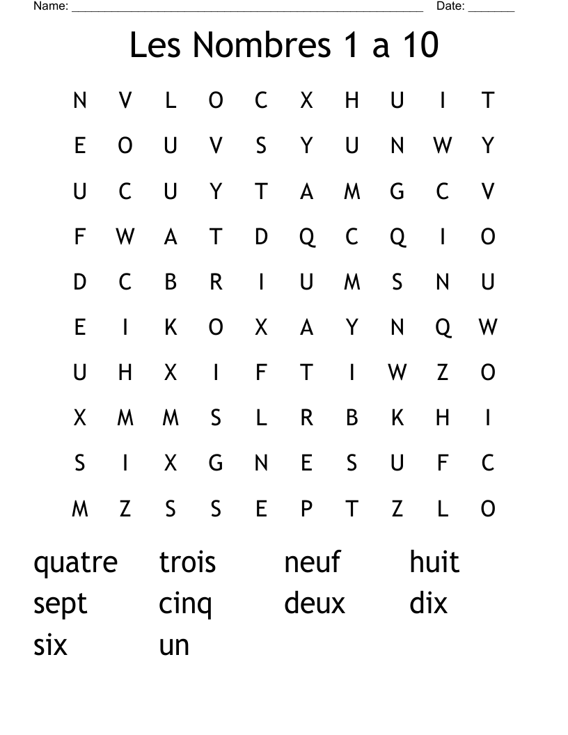 Les Nombres 1 a 10 Word Search