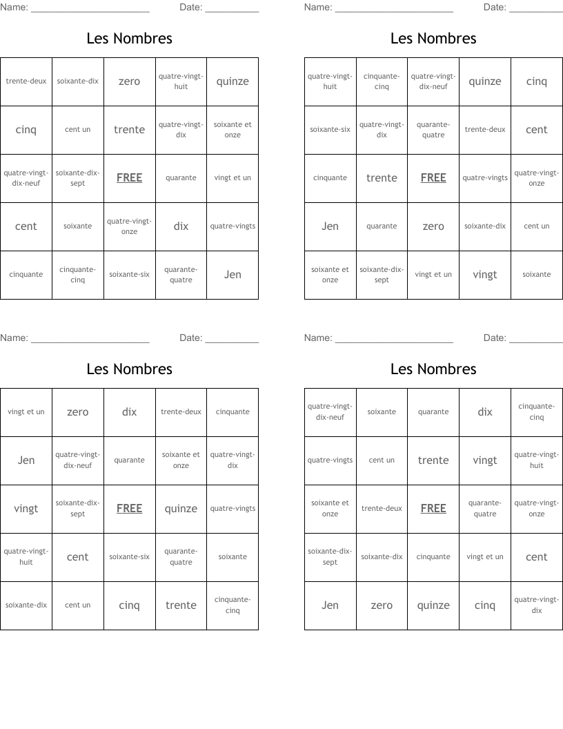 Les Nombres Bingo Cards