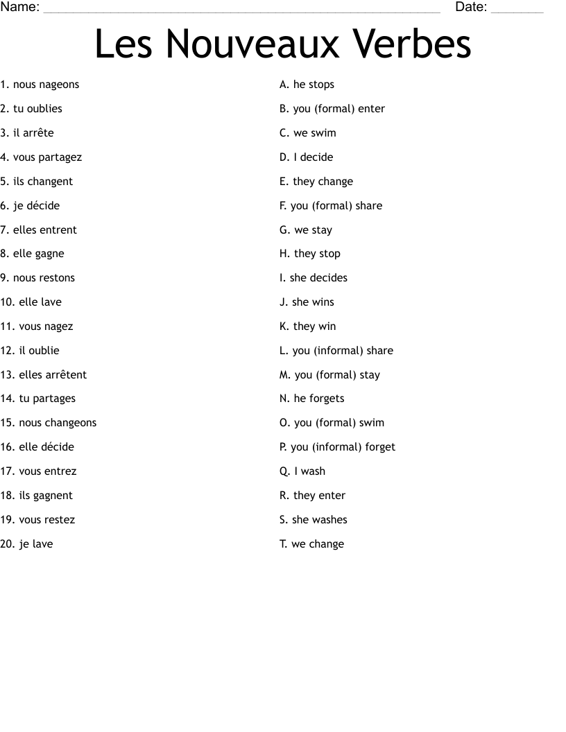 Les Nouveaux Verbes Worksheet
