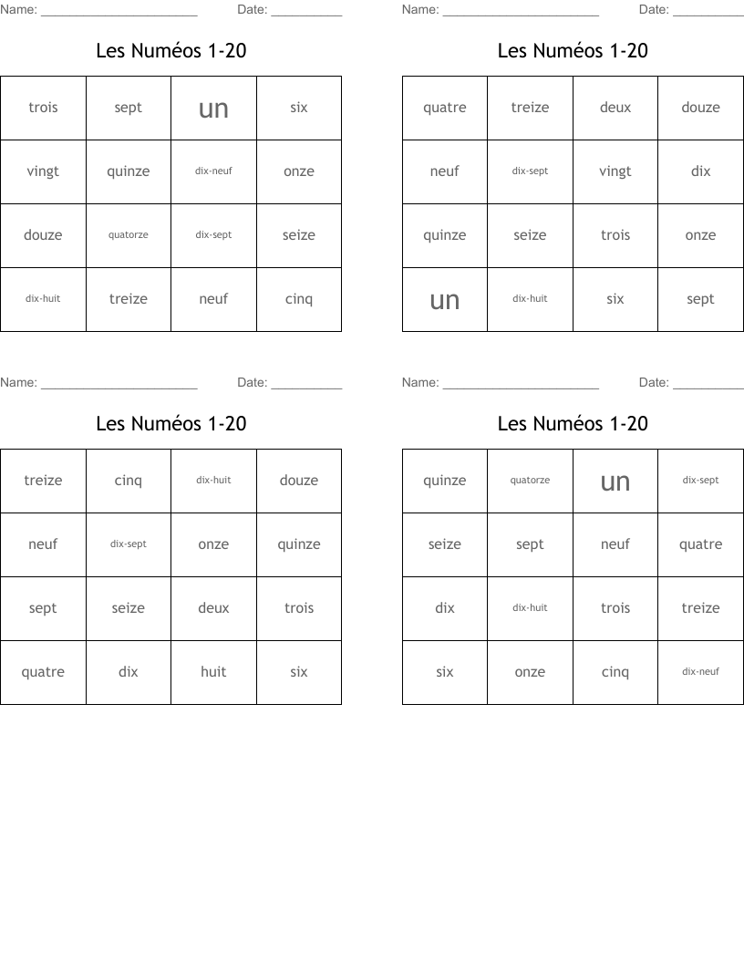 Les Numéos 1-20 Bingo Cards