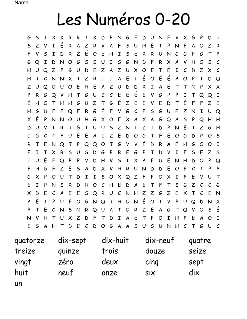 Les Numéros  0-20 Word Search