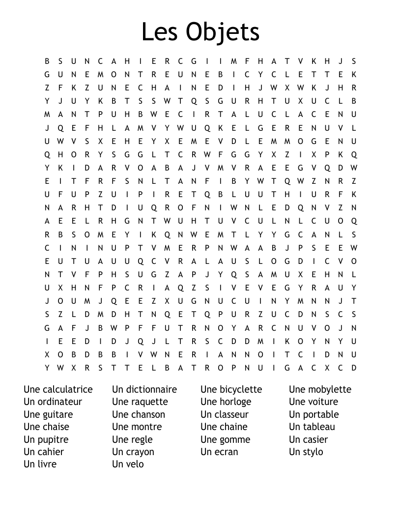 Les Objets Word Search