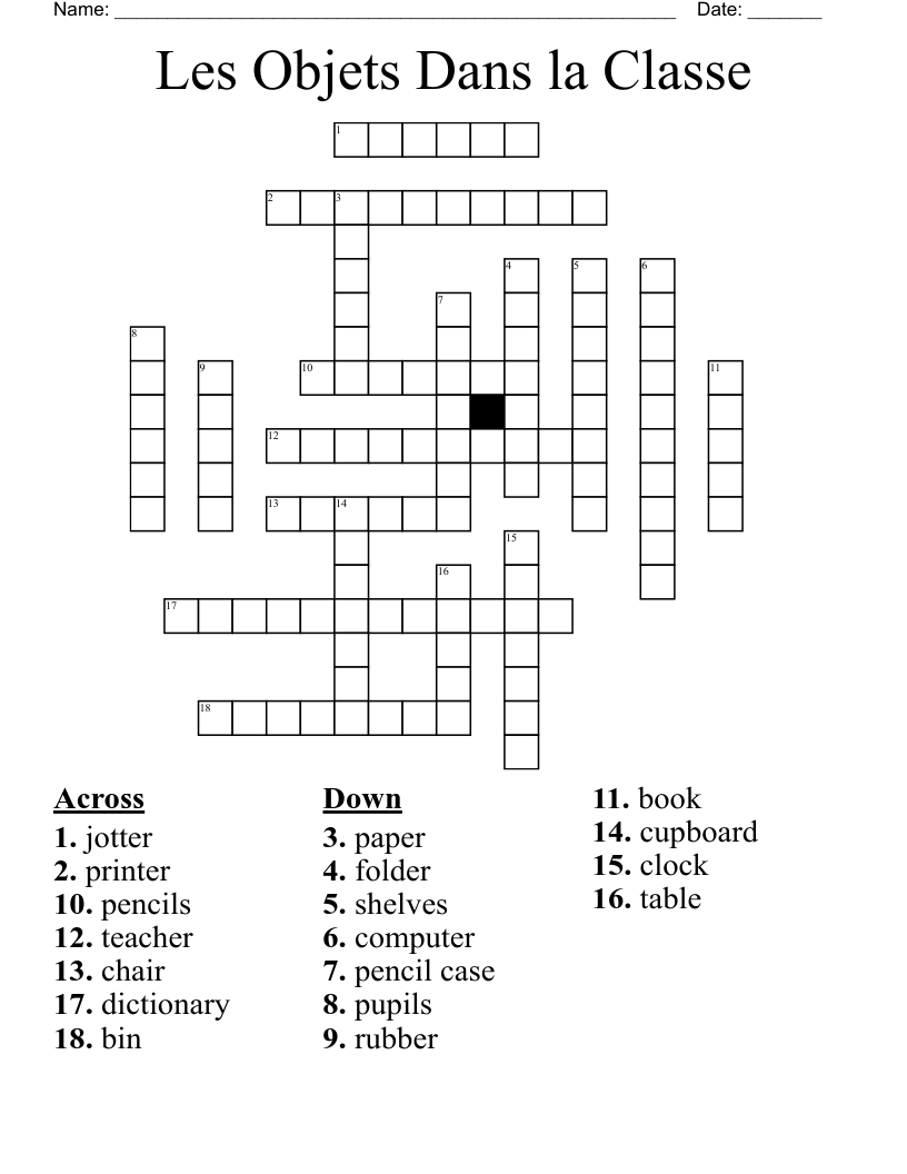 Les Objets Dans la Classe Crossword
