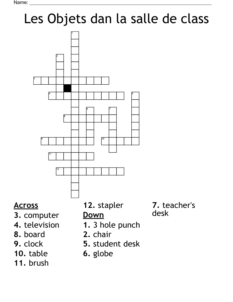 Les Objets dan la salle de class Crossword