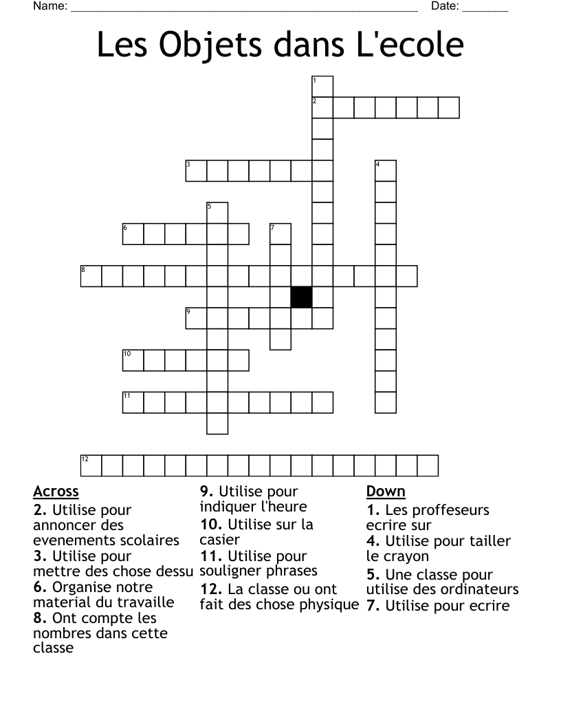 Les Objets dans L'ecole Crossword