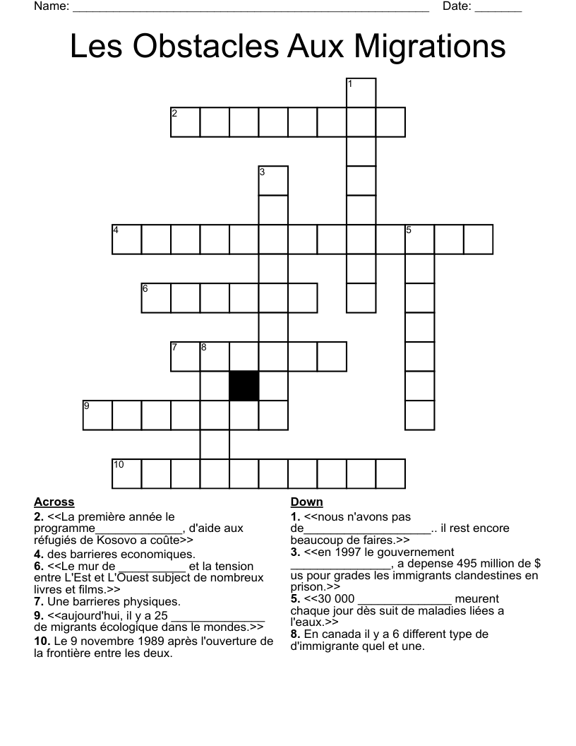 Les Obstacles Aux Migrations   Crossword