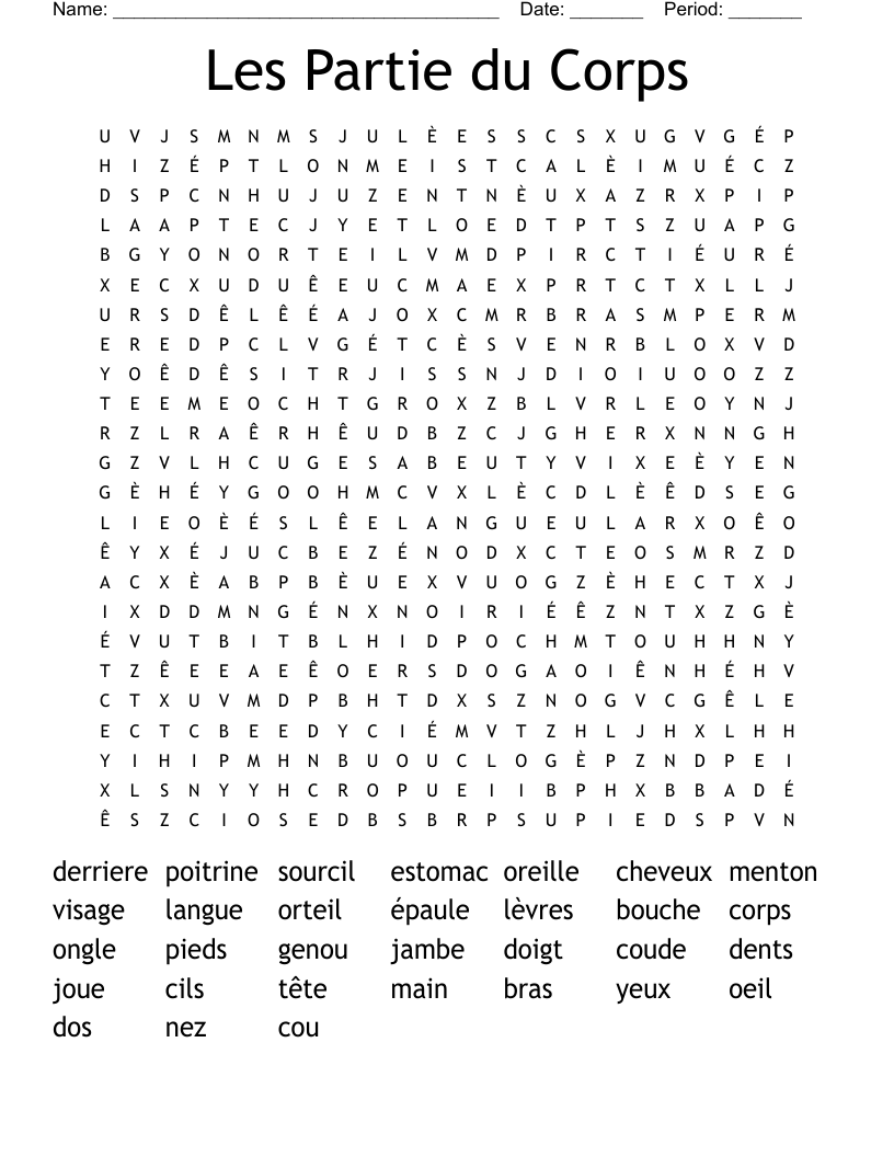 Les Partie du Corps Word Search